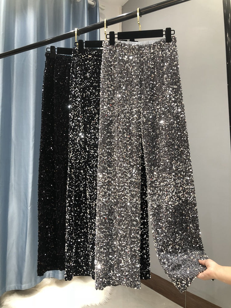 Autumn and Winter Thickened Korean Velvet Sequin Wide Leg Pants Large Long Leg Dipped plus size Floor Pants Shiny Lined Straight Leg Pants for Women