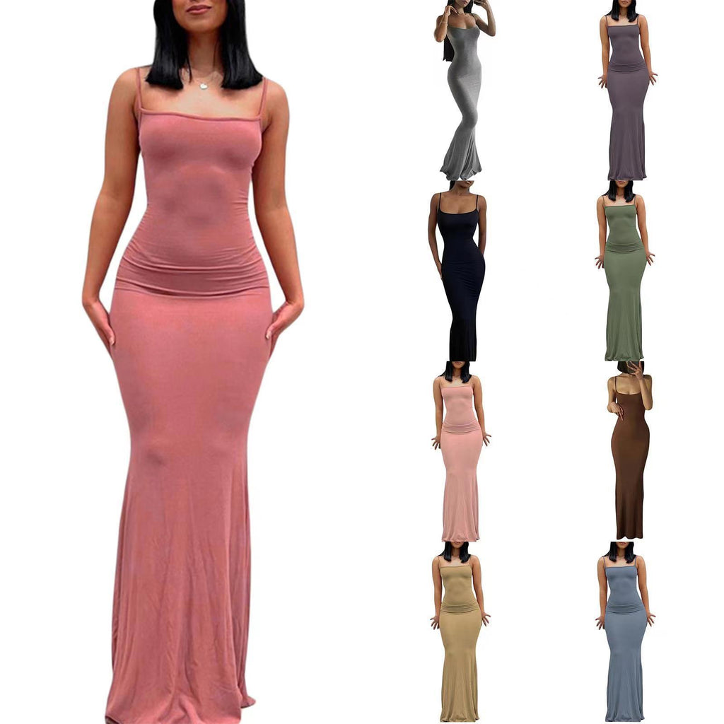 Sling dress European and American Women's High-end Sense Pure Desire Hip Skirt Sexy Slim-fit Milk Silk Long Fishtail Skirt