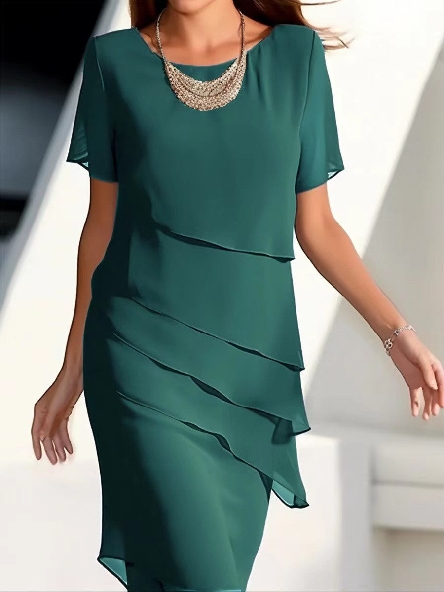 European and American Cross-Border Amazon Wish Export Women's Pure Color Short-Sleeved Glitter Ruffled Round Collar Casual Dress