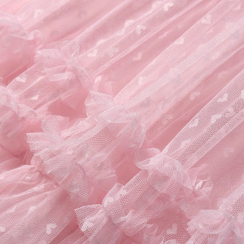 2026 Mesh Heart Printed Skirt Women Elastic High Waist Skirt Elegant Tulle A Line Ruffle Party Skirt Long Summer Saia Feminina