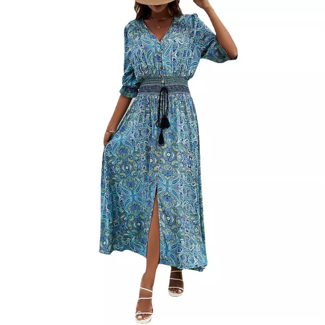 2025 Rayon Positioning Printed Three-Quarter Sleeve Waist Bohemian Women's Dress Vacation Buttoned Beach Skirt