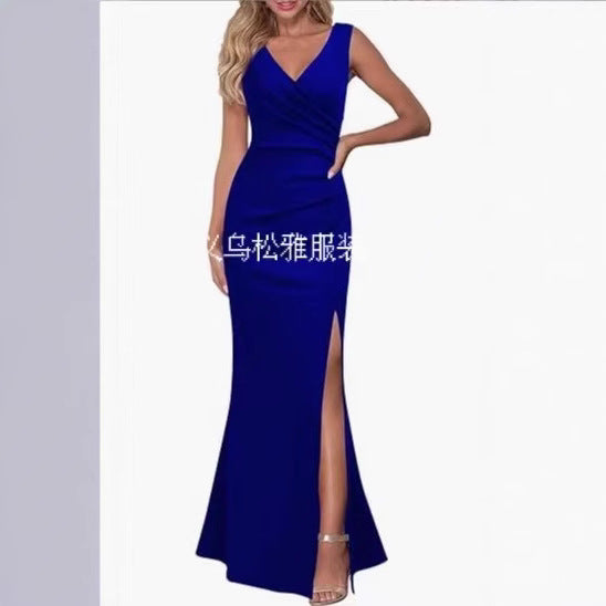 2024 Cross-Border Women's Sleeveless V Neck Slit Evening Dress Cocktail Party Dress