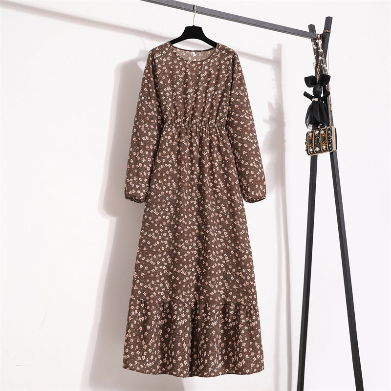 Cross-border Foreign Trade Floral Chiffon Long Dress Women's Spring Dress Long Sleeve Crewneck Base Skirt Waist Slim Long Dress