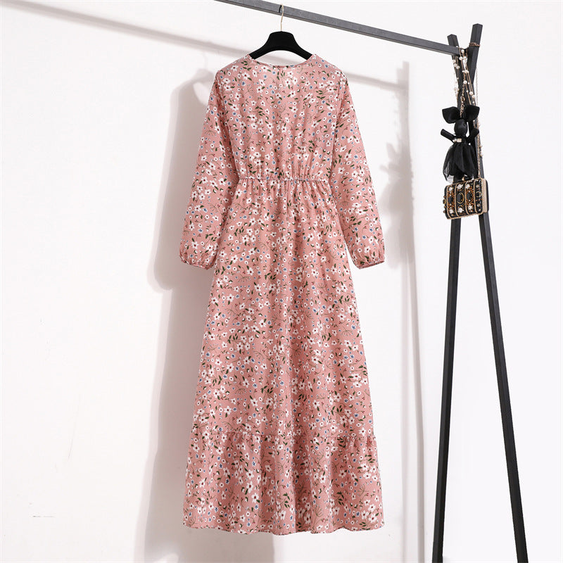 Cross-border Foreign Trade Floral Chiffon Long Dress Women's Spring Dress Long Sleeve Crewneck Base Skirt Waist Slim Long Dress