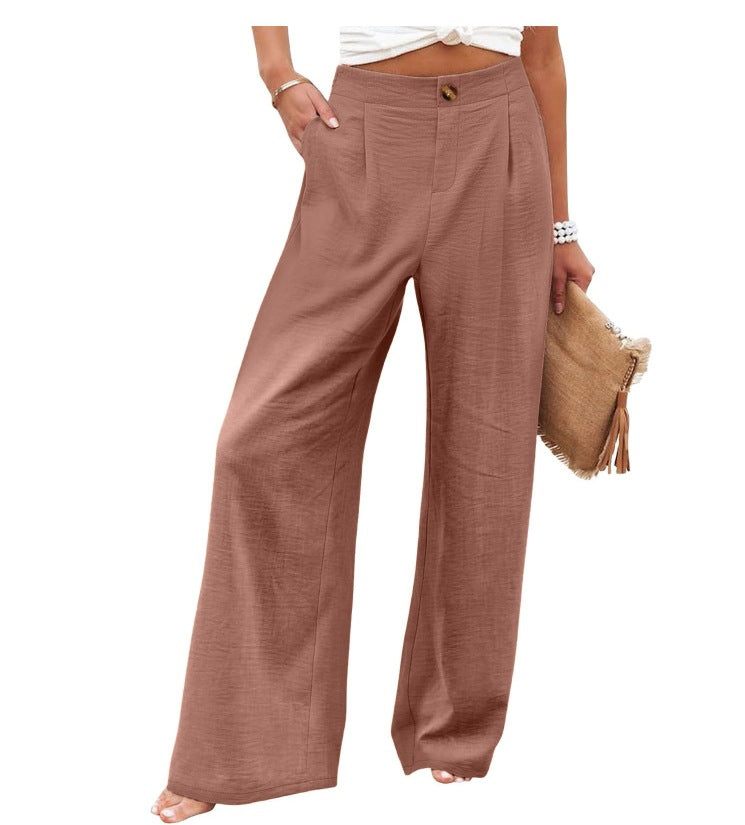 2026 Cross-Border Amazon European and American Summer Comfortable High-Waisted Long Pants with Buttons and Elastic Waist Wide-Leg Pants for Women Casual Straight-Leg Pants