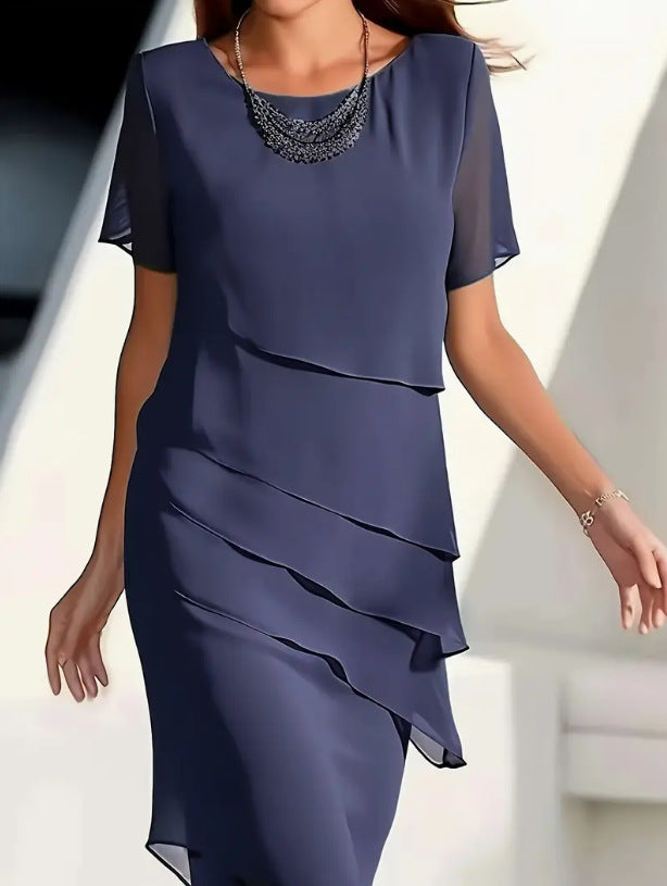 European and American Cross-Border Amazon Wish Export Women's Pure Color Short-Sleeved Glitter Ruffled Round Collar Casual Dress