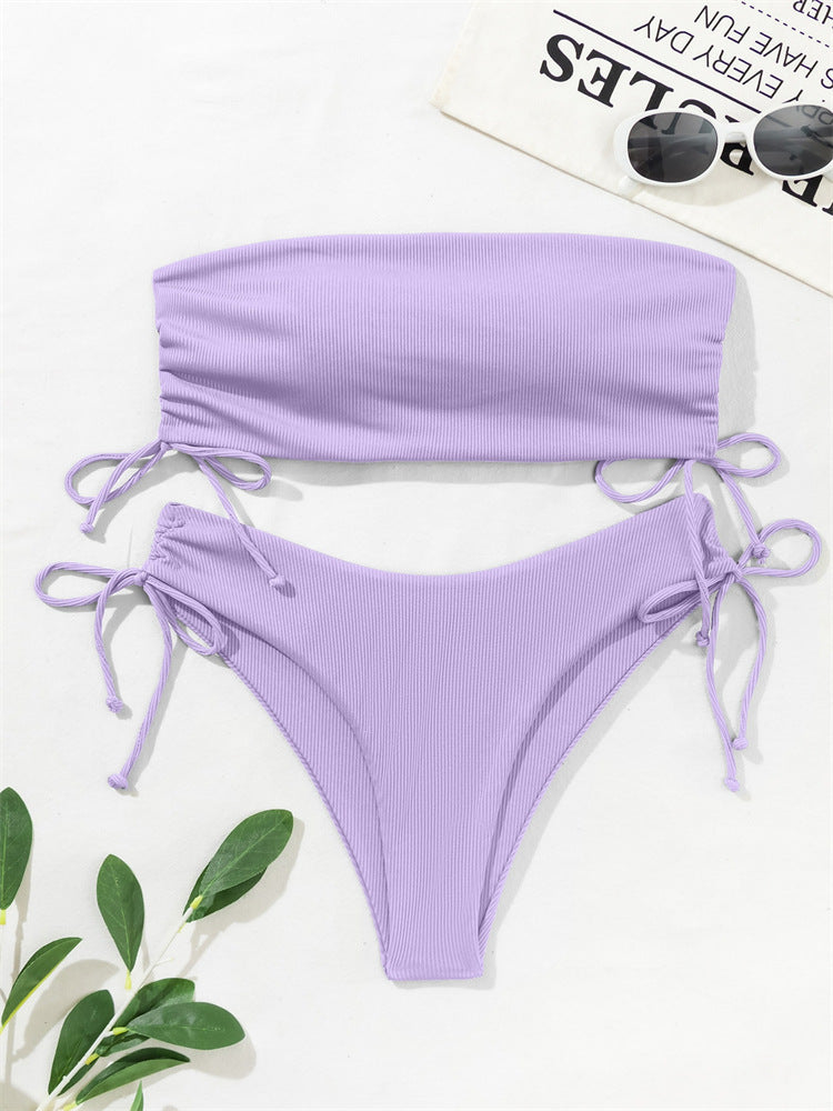 European and American Tube Top Bikini Swimsuit for Women 2024 New Pure Color Sexy Huludao Swimsuit Split Swimsuit High-End