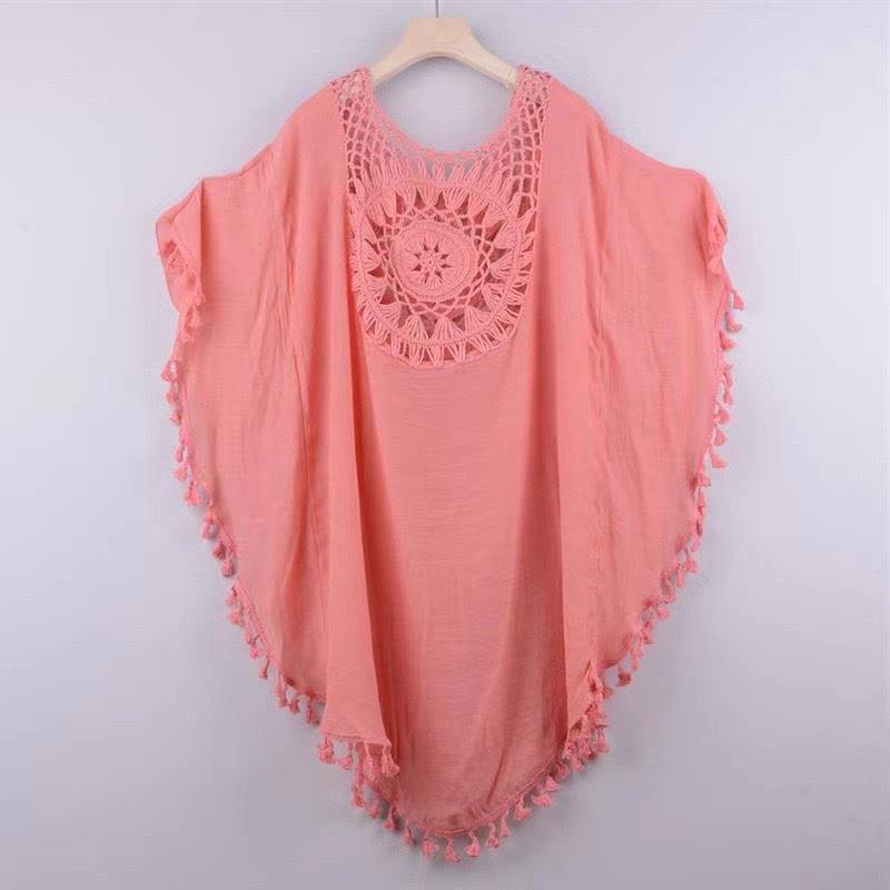 Women's Beach Blouse Batwing Sleeve Tassel Cotton Sunscreen Cover-Up