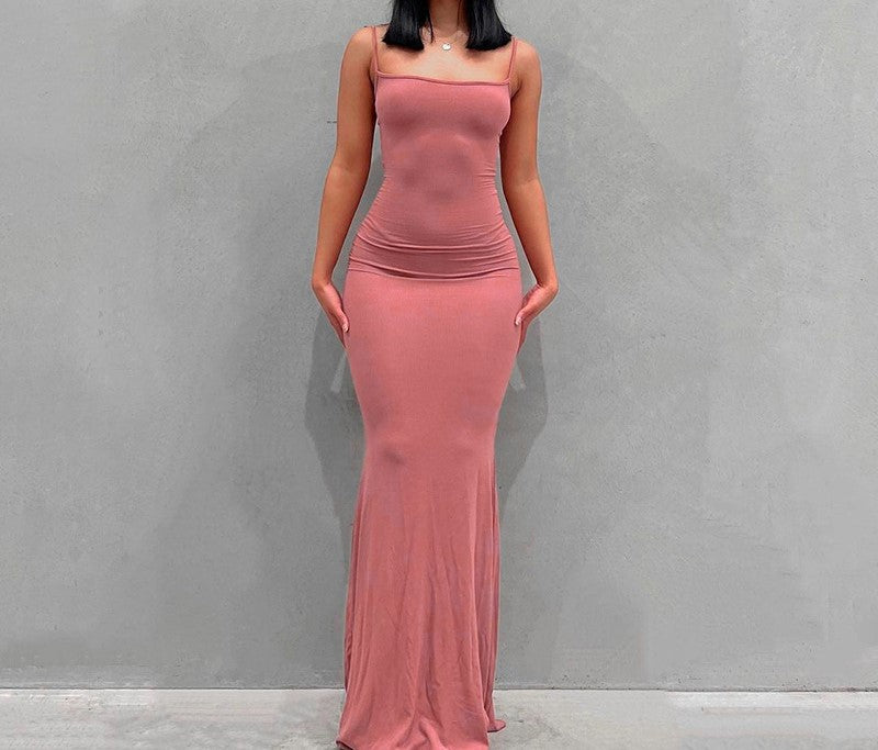 Sling dress European and American Women's High-end Sense Pure Desire Hip Skirt Sexy Slim-fit Milk Silk Long Fishtail Skirt