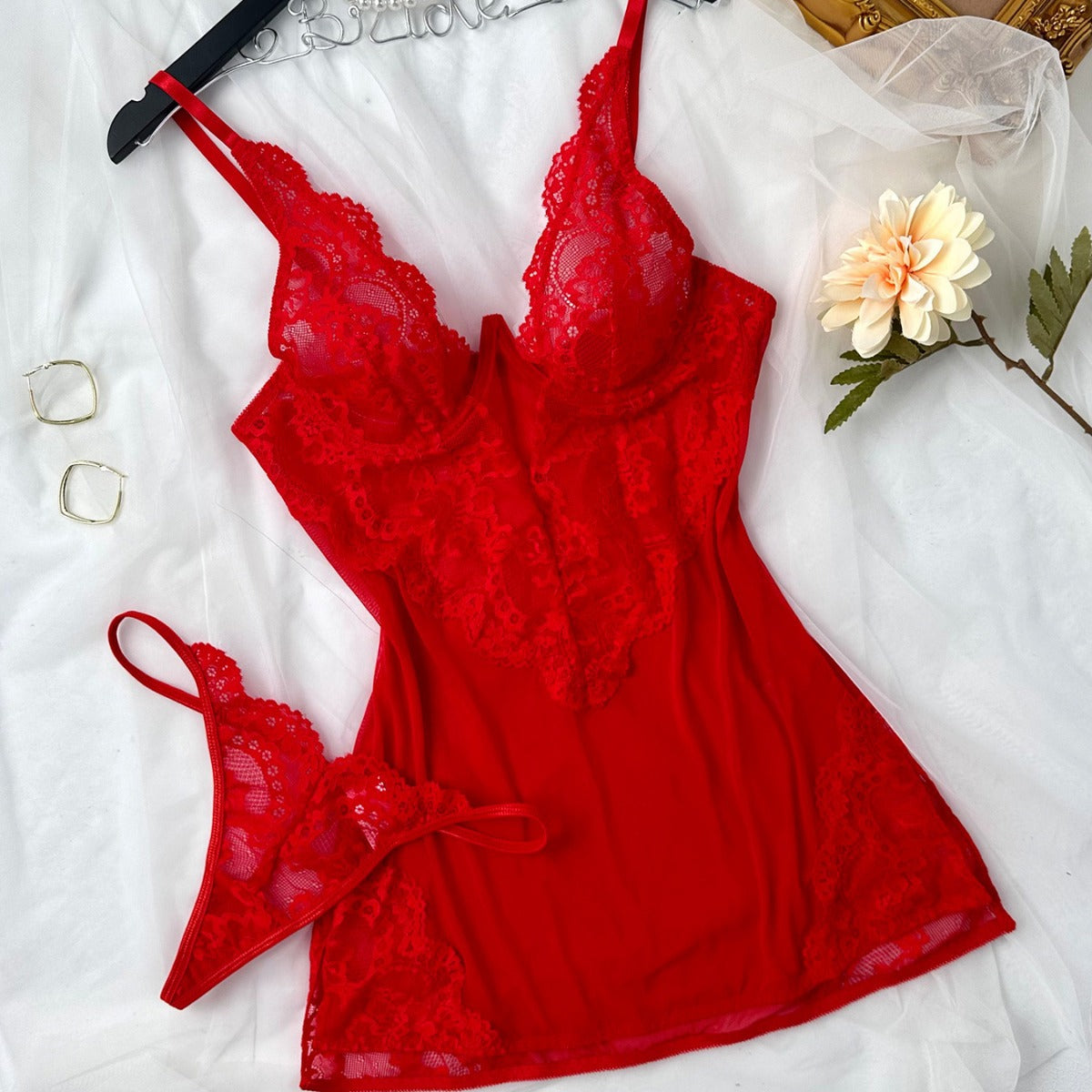 Lingerie Capano European and American Cross-Border Sexy Suspender Nightgown Cut Out Mesh See-Through Lace Pajamas for Women