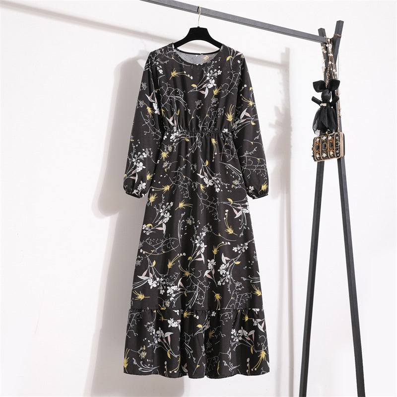 Cross-border Foreign Trade Floral Chiffon Long Dress Women's Spring Dress Long Sleeve Crewneck Base Skirt Waist Slim Long Dress