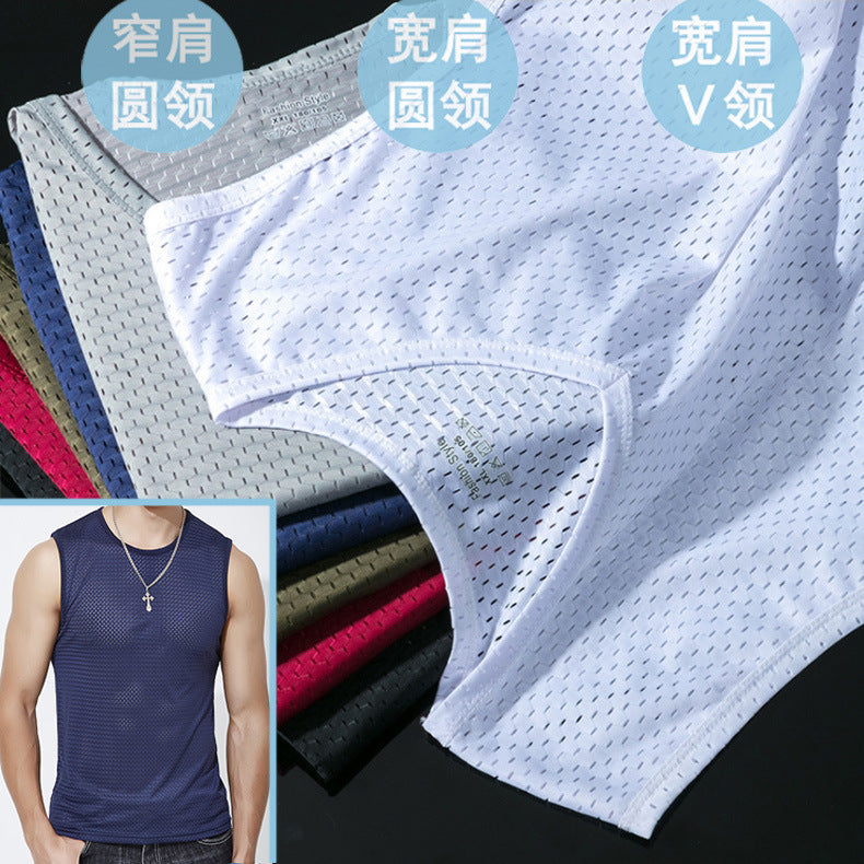 Summer ice silk mesh vest men's sports fitness quick-drying hollow undershirt wide shoulder waistcoat sleeveless T-shirt wholesale
