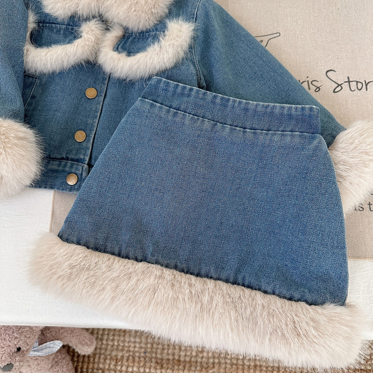 Children's Sets Girls' Fleece-Lined Denim Set Korean Winter Jacket & Skirt 2-Piece Thickened Outfit for Toddlers