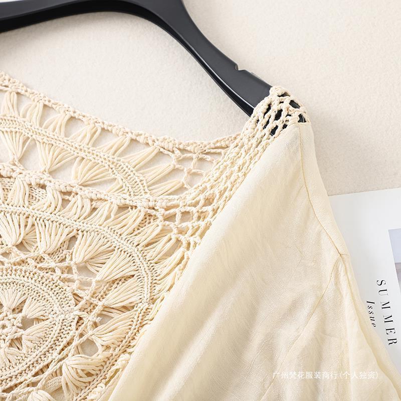 Cross-border new holiday hook solid color stitching European and American beach skirt small tassel sunscreen short sexy beach blouse
