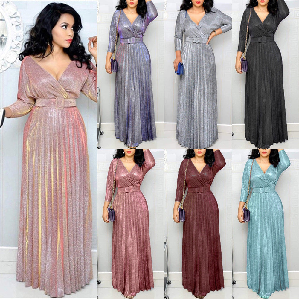 2025 Winter Cross-Border European and American African Women's Fashionable Long-Sleeved Bronzing Pleated Skirt with Belt Glitter Fabric