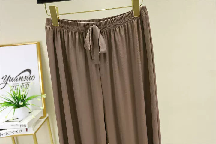Korean style high waist drawstring lace-up ice silk seamless straight slimming wide-leg pants summer thin draping casual trousers