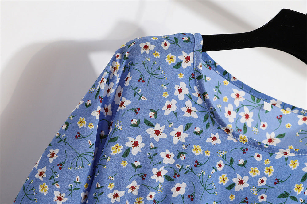 Cross-border Foreign Trade Floral Chiffon Long Dress Women's Spring Dress Long Sleeve Crewneck Base Skirt Waist Slim Long Dress