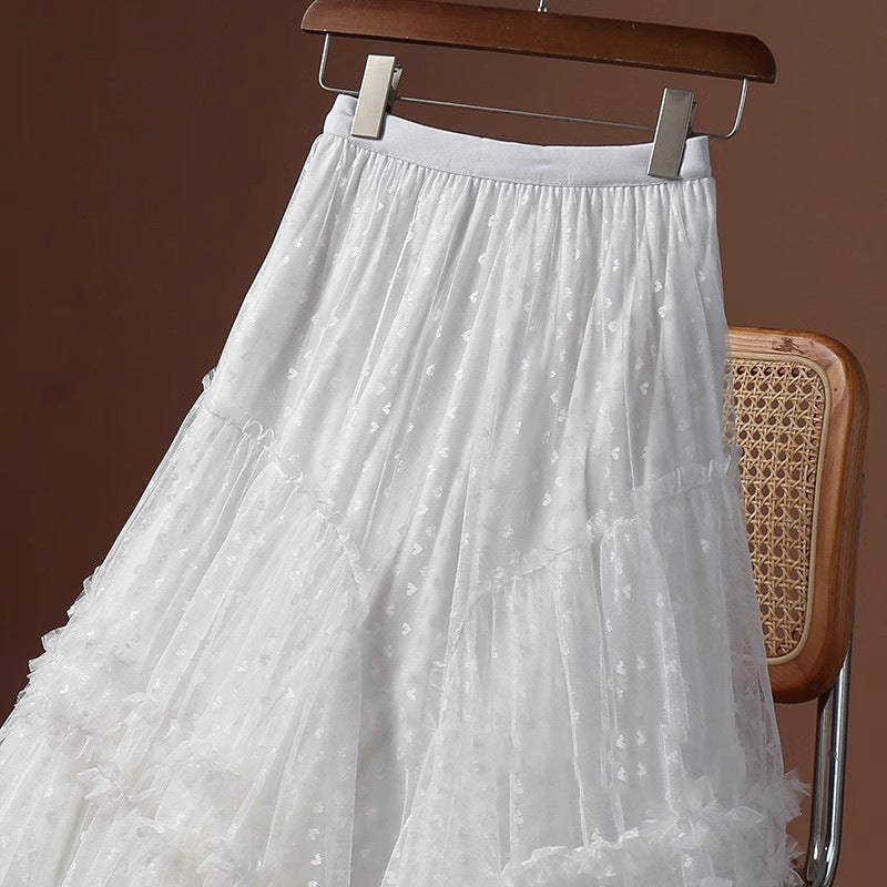 2026 Mesh Heart Printed Skirt Women Elastic High Waist Skirt Elegant Tulle A Line Ruffle Party Skirt Long Summer Saia Feminina