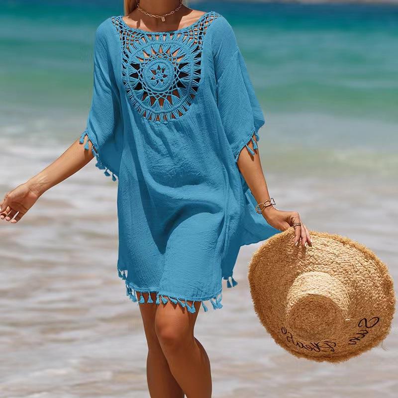 Women's Beach Blouse Batwing Sleeve Tassel Cotton Sunscreen Cover-Up