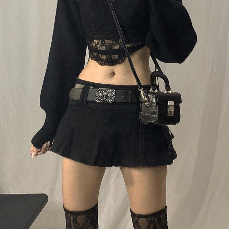 AltGoth Harajuku Y2k Denim Skirt Women Dark Gothic Streetwear Mini Skirt with Skull Belt Mall Goth Punk Grunge Sexy Emo Clubwear