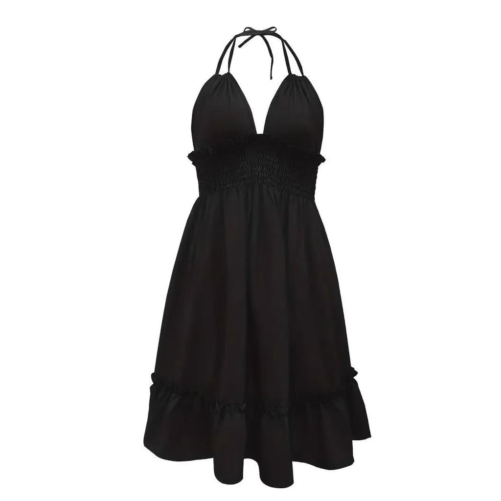 European and American Amazon Cross-Border Popular Women's Clothing Deep V Rope Suspender Parallel Pleated Sexy Dress Beach Degree