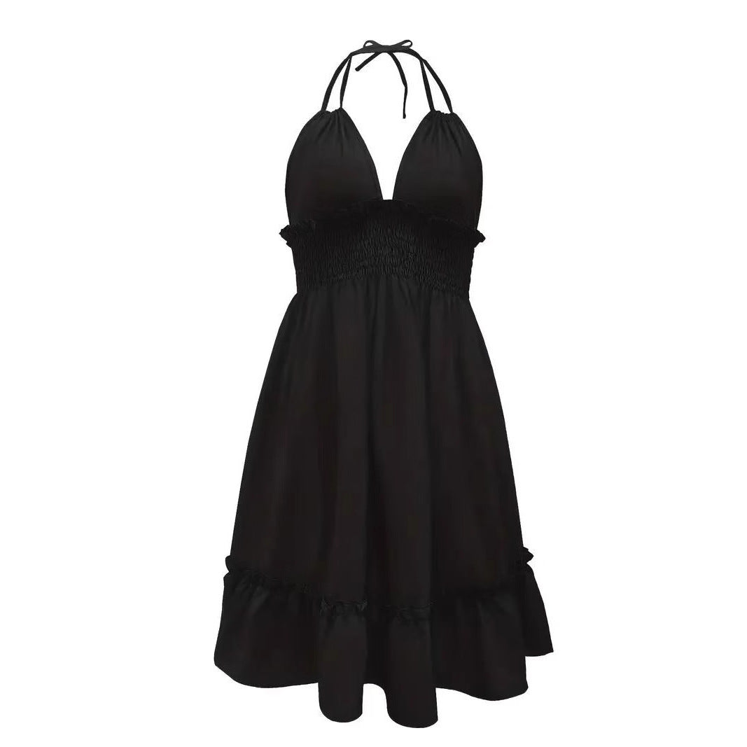 European and American Amazon Cross-Border Popular Women's Clothing Deep V Rope Suspender Parallel Pleated Sexy Dress Beach Degree