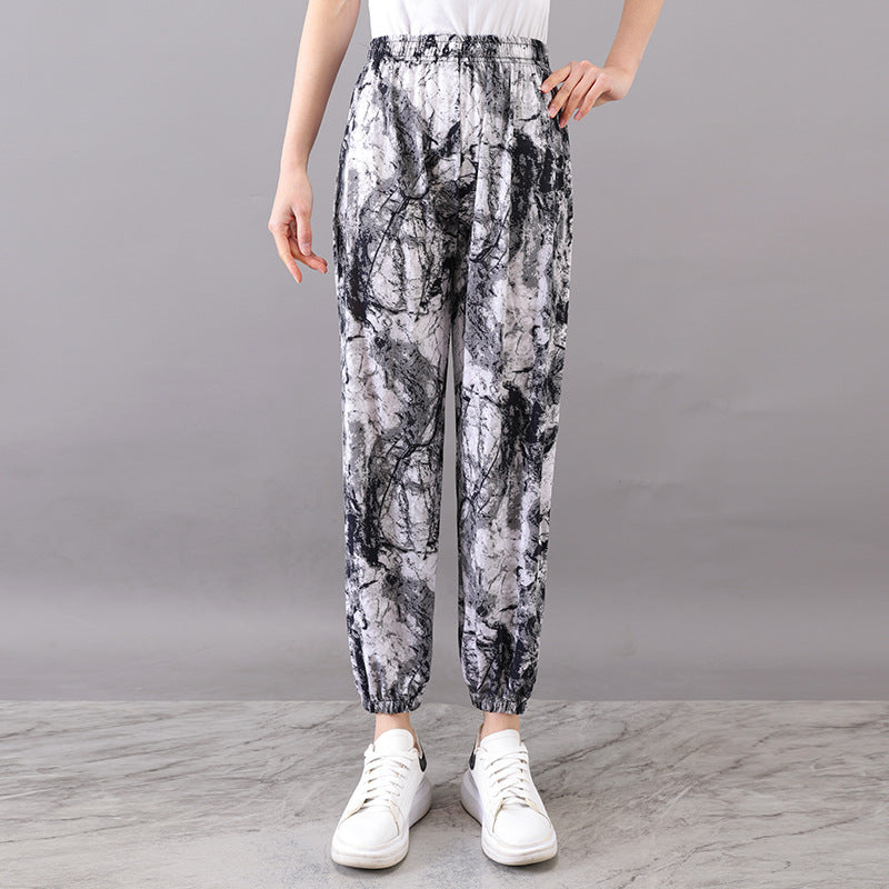 Cross-Border Popular Summer Women's Ice Silk Pants for Middle-Aged and Elderly, Loose Casual Home Pants, Elastic Plus-Size Pants for Square Dancing
