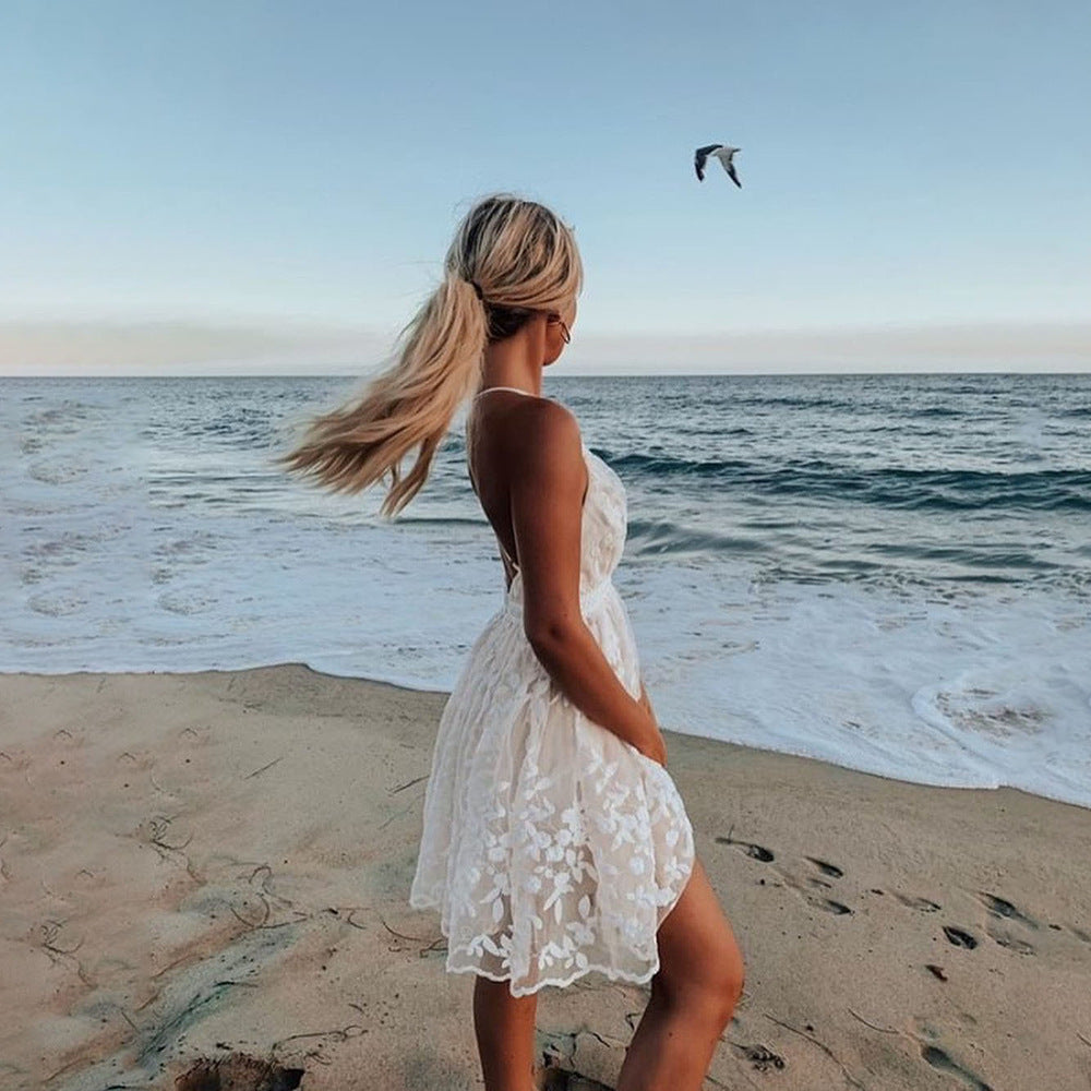 Cross-Border 2023 Summer New European and American Sexy Deep V Neck Backless Suspender Dress Amazon Lace Beach Dress