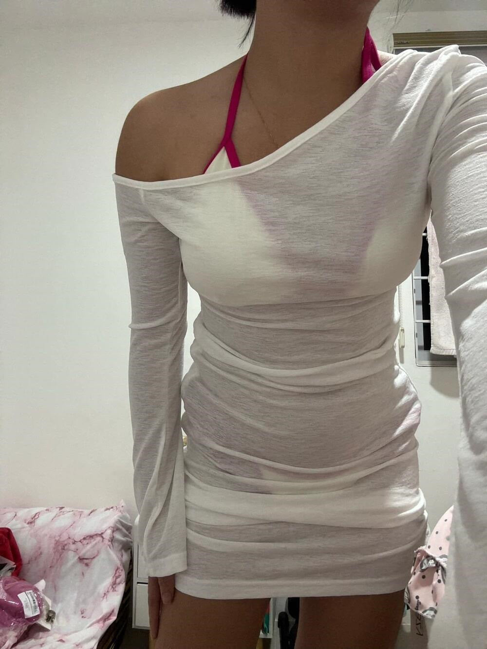 Women Mesh Shoulder slant Mini Dress Sexy See Through Chic Long Sleeve Deep Low Neck Slim Vestidos Mujer Coquette
