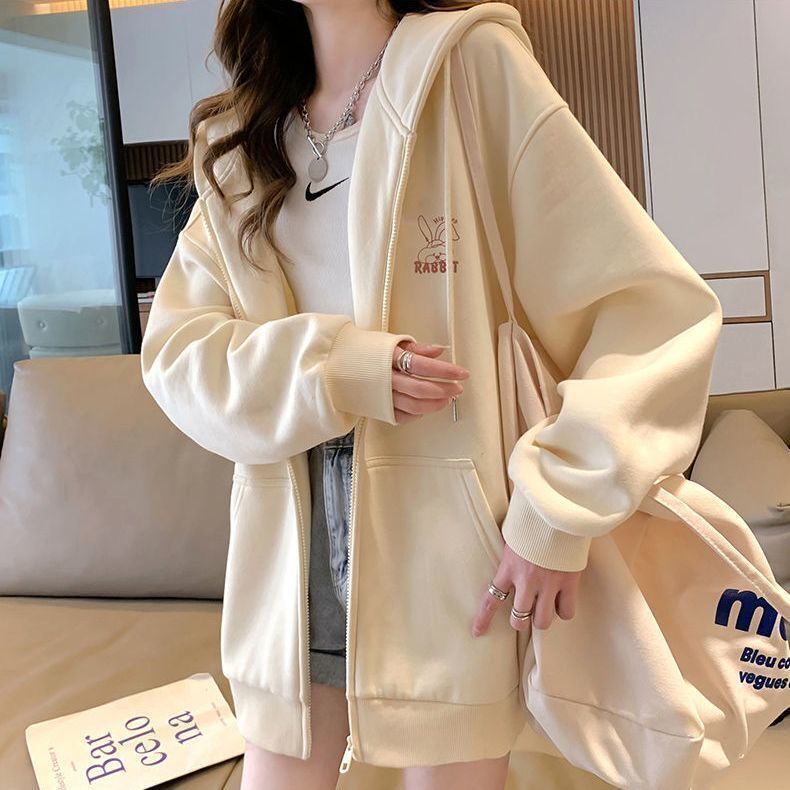 Embroidered Pattern Hooded Sweatshirt Girls' Cardigan Jacket 2026 Spring, Autumn and Winter New Style Lazy Style Loose Long-Sleeved Top