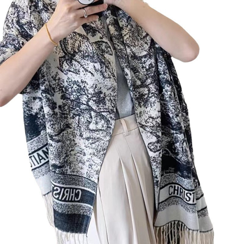 2025 Double-Sided Shawl Liu Yifei Same Style Long Tassel Scarf Korean Style Women's Thickened Ethnic Style Four-Season Scarf Wholesale