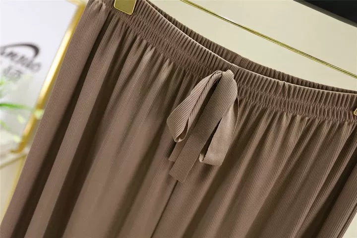 Korean style high waist drawstring lace-up ice silk seamless straight slimming wide-leg pants summer thin draping casual trousers