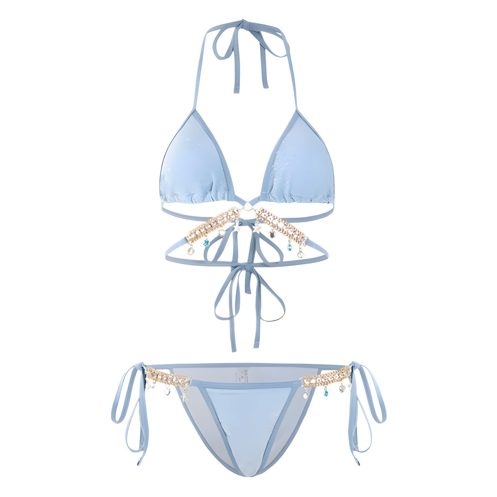 Swimsuit Female Mermaid Diamond Chain European and American Pure Lust Style Strap Triangle Bikini Three-Point Ins Sexy Vacation Swimsuit