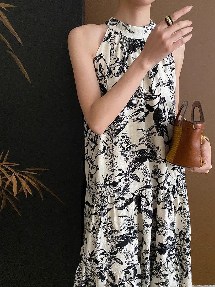 French Ink Print Sling dress Summer 2024 New Elegant Cool Beach Seaside Holiday Midi Dress