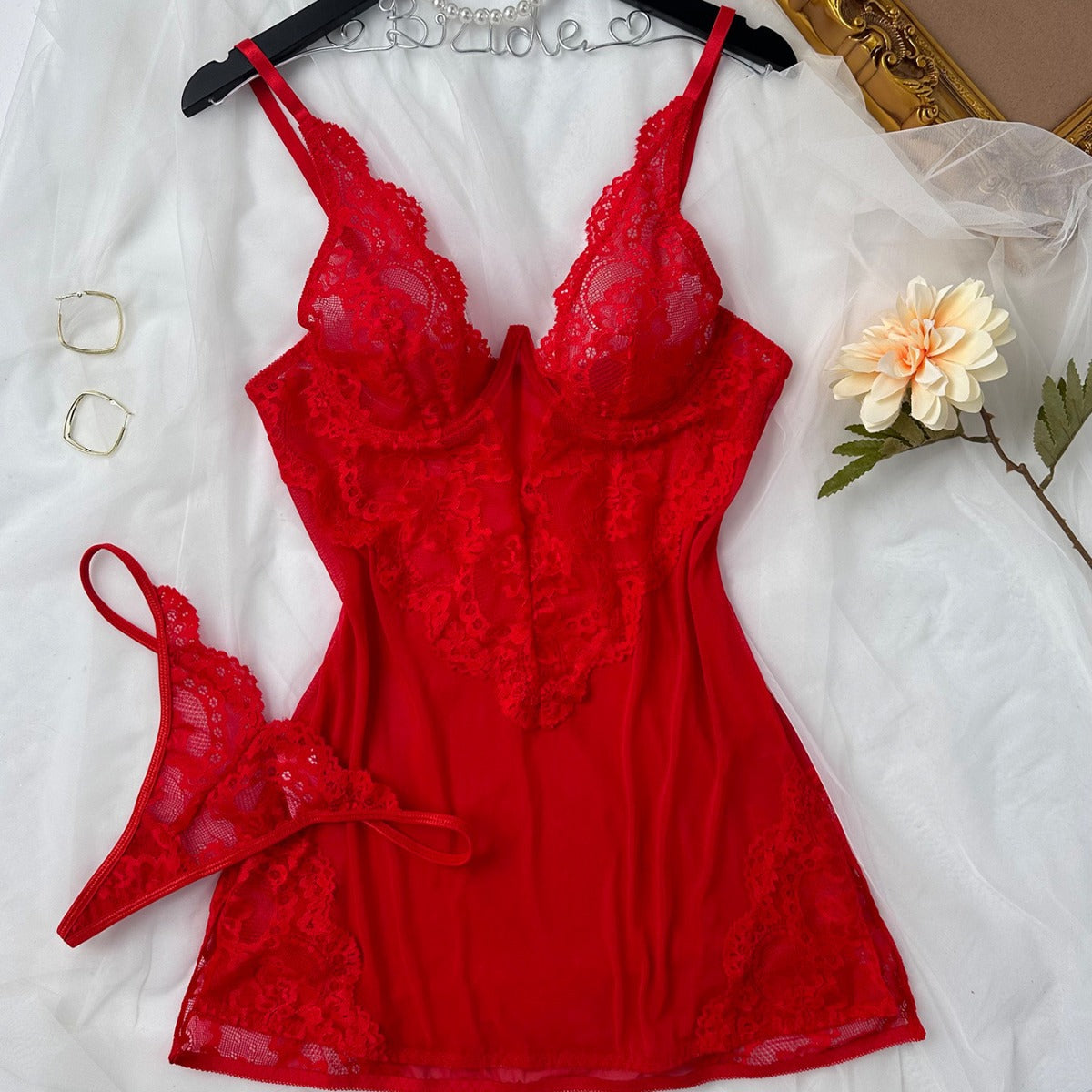 Lingerie Capano European and American Cross-Border Sexy Suspender Nightgown Cut Out Mesh See-Through Lace Pajamas for Women