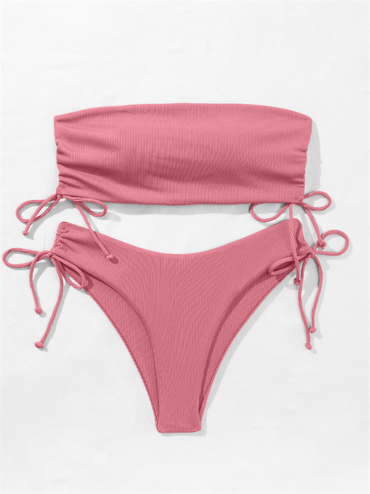 European and American Tube Top Bikini Swimsuit for Women 2024 New Pure Color Sexy Huludao Swimsuit Split Swimsuit High-End