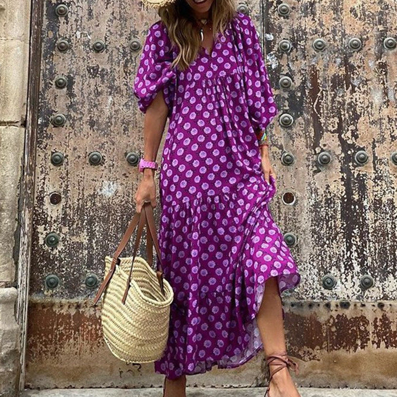 European and American Plus-Size Women's Loose-Fitting Bohemian Round-Neck Lantern-Sleeve Sweet Girl Dress Wholesale from Source Factory