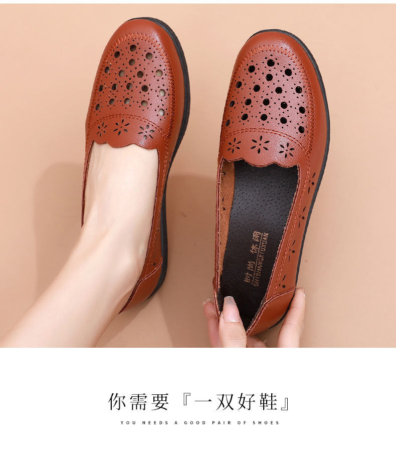 Spring Mom Shoes Sandals Soft Sole Comfortable Flats Hole Hollow Flats Shoes Middle-Aged and Elderly Women's Shoes Elderly Grandma Leather Shoes