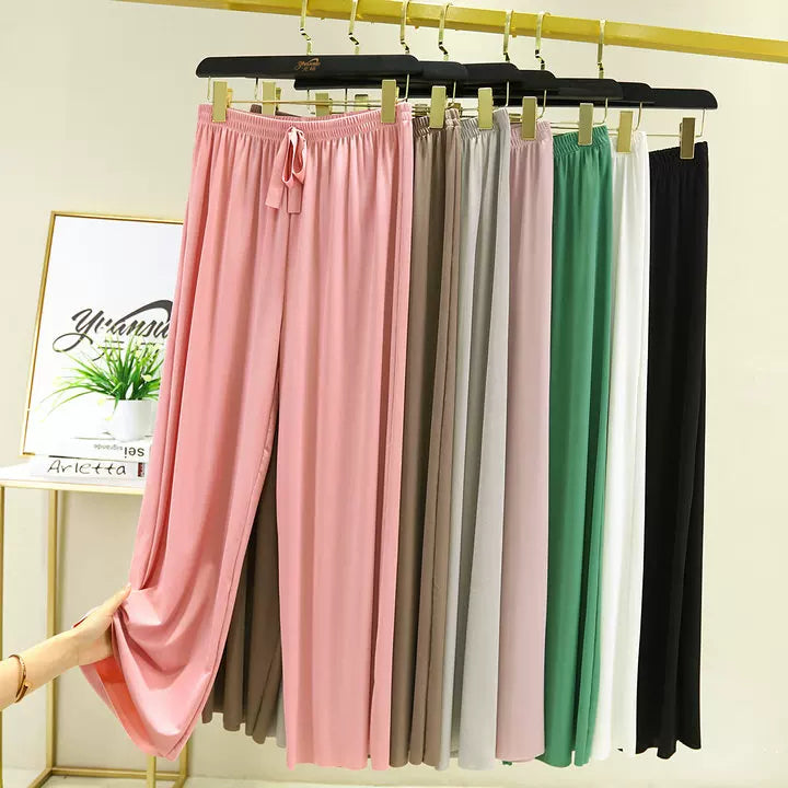 Korean style high waist drawstring lace-up ice silk seamless straight slimming wide-leg pants summer thin draping casual trousers