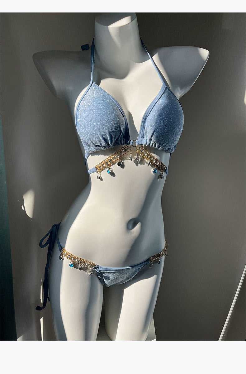 Swimsuit Female Mermaid Diamond Chain European and American Pure Lust Style Strap Triangle Bikini Three-Point Ins Sexy Vacation Swimsuit