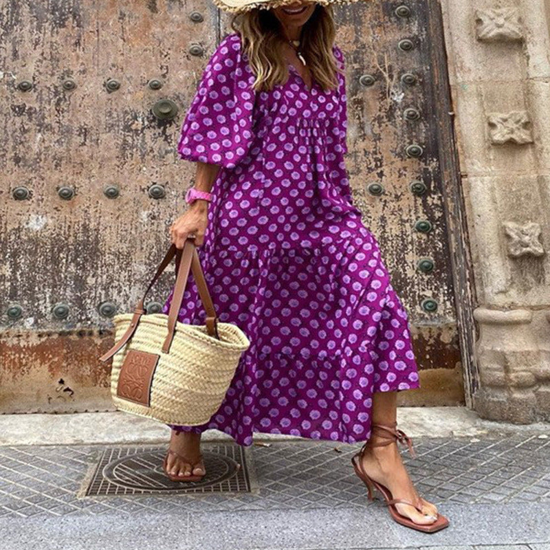 European and American Plus-Size Women's Loose-Fitting Bohemian Round-Neck Lantern-Sleeve Sweet Girl Dress Wholesale from Source Factory