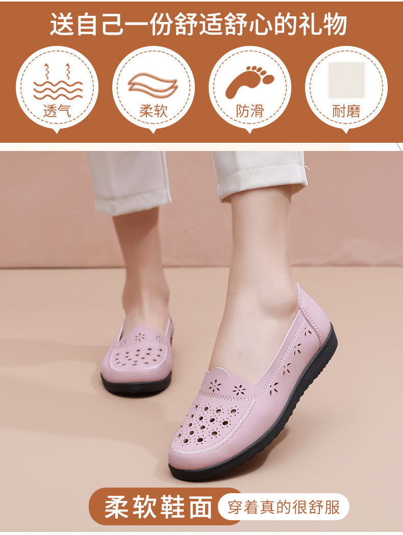 Spring Mom Shoes Sandals Soft Sole Comfortable Flats Hole Hollow Flats Shoes Middle-Aged and Elderly Women's Shoes Elderly Grandma Leather Shoes