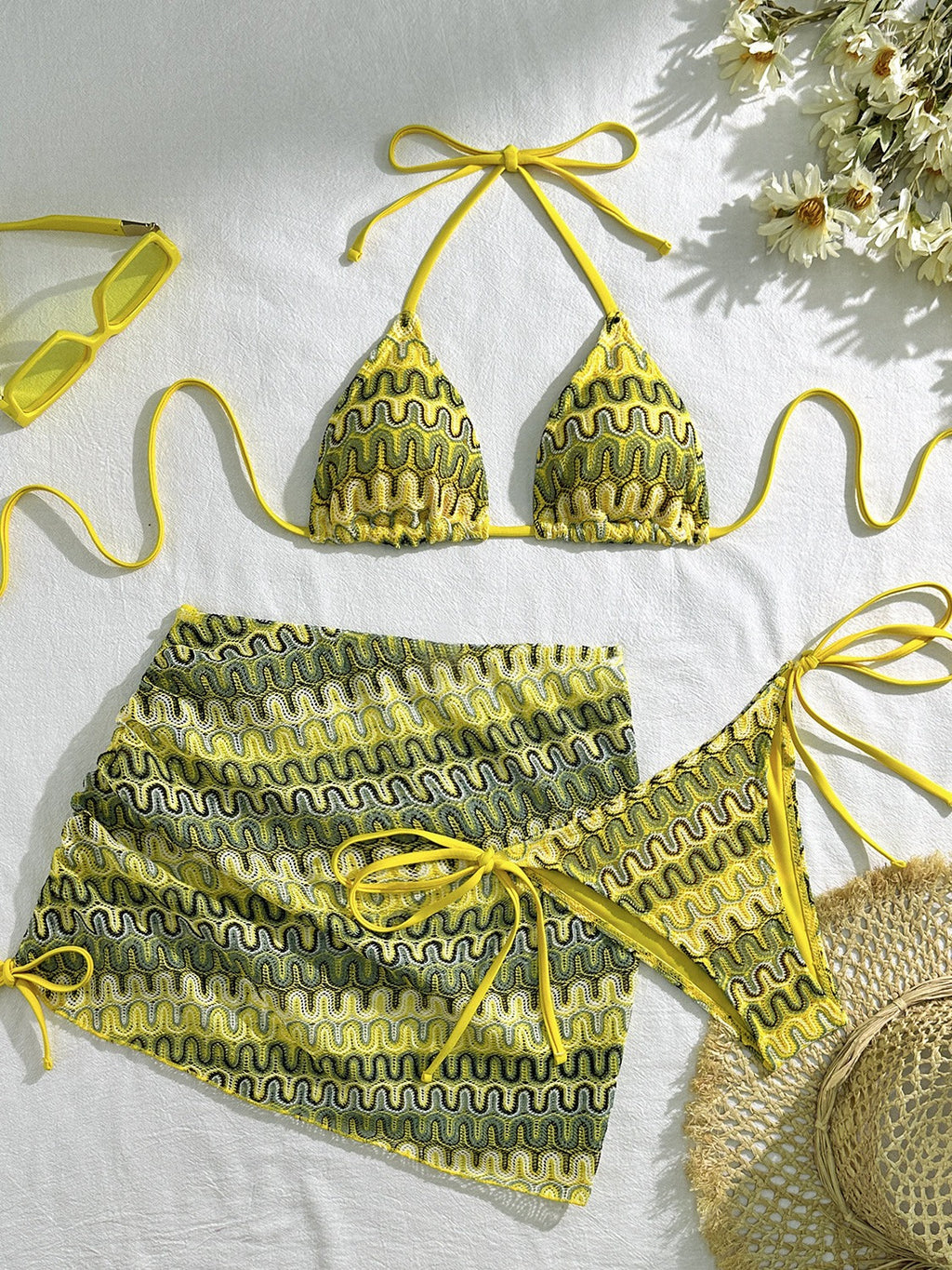 2025 European and American New Embroidered Gradient Sexy Three-Piece Swimsuit Swimsuit Bikini Bikini Cross-Border Export