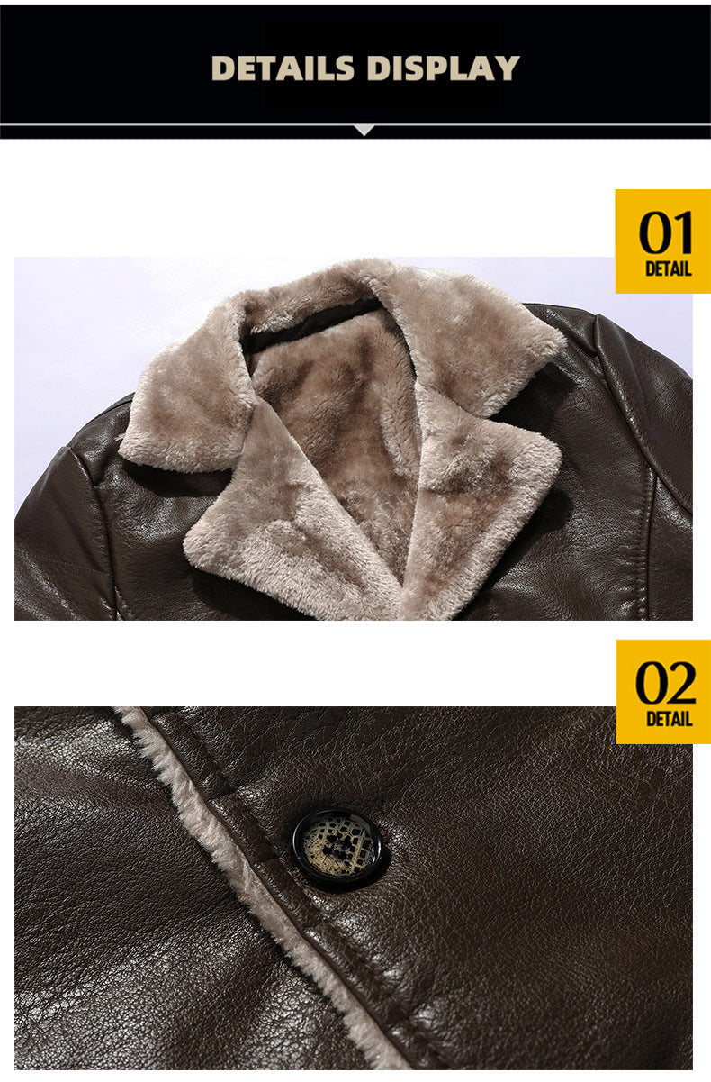 Men's Mid-Length Leather Jacket for Middle-Aged and Elderly People in Autumn and Winter Business European Size Plus Velvet Large Lapel Suit Leather Plush Jacket for Men