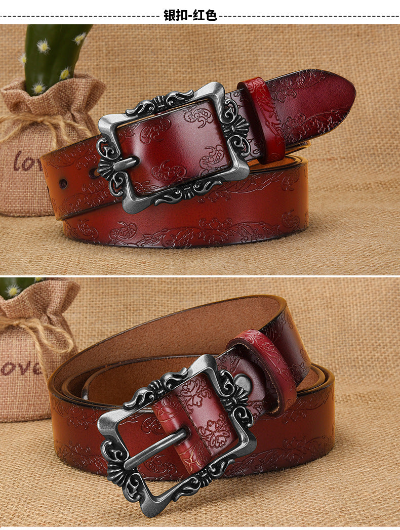 Cross-border European and American Women's Retro Belt Embossed Pattern Pin Buckle Belt Women's Ins Style All-match Simple Casual Pants Belt