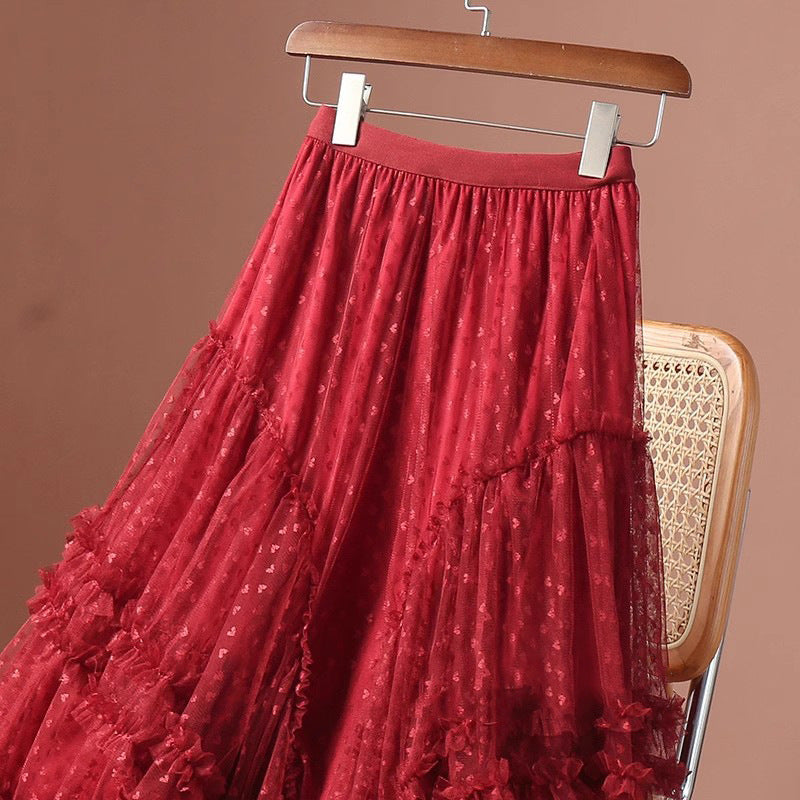 2026 Mesh Heart Printed Skirt Women Elastic High Waist Skirt Elegant Tulle A Line Ruffle Party Skirt Long Summer Saia Feminina