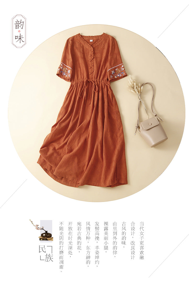 Ethnic Style Cotton and Linen Embroidered Dress Women's 2023 Summer Long Loose Style Lace Collar Short-Sleeved Over-the-Knee Long Dress