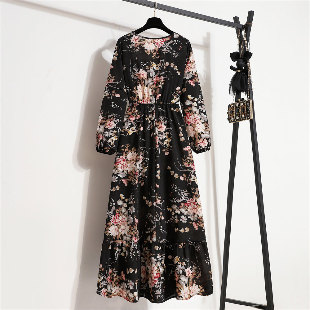 Cross-border Foreign Trade Floral Chiffon Long Dress Women's Spring Dress Long Sleeve Crewneck Base Skirt Waist Slim Long Dress