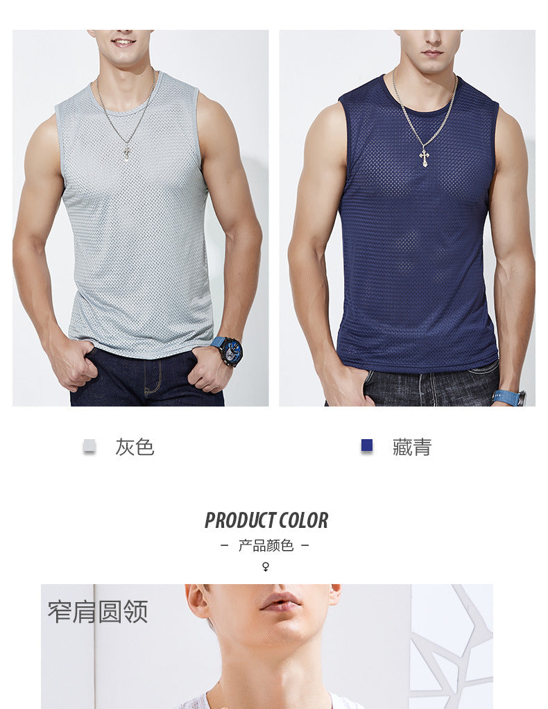 Summer ice silk mesh vest men's sports fitness quick-drying hollow undershirt wide shoulder waistcoat sleeveless T-shirt wholesale