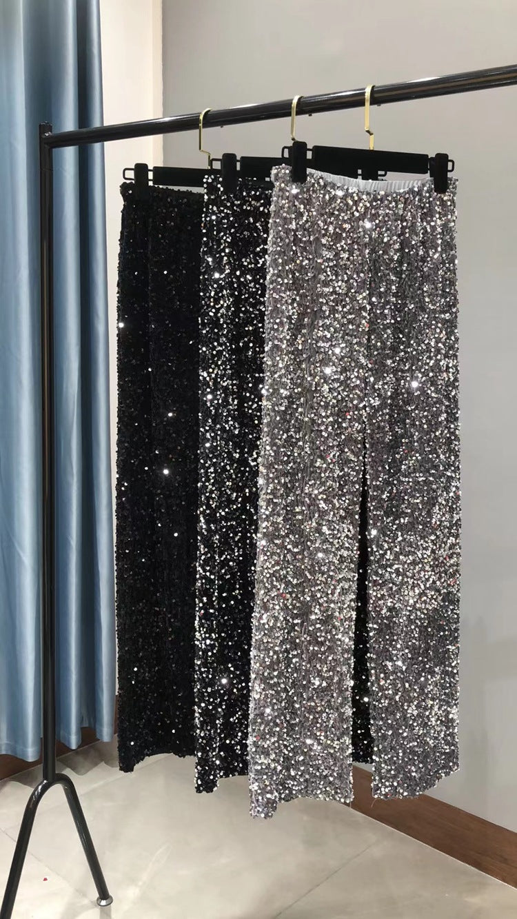Autumn and Winter Thickened Korean Velvet Sequin Wide Leg Pants Large Long Leg Dipped plus size Floor Pants Shiny Lined Straight Leg Pants for Women